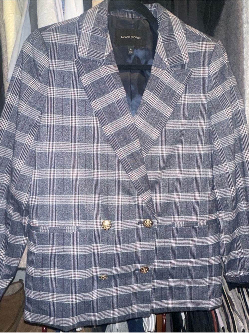 Banana Republic Navy and White Plaid Double-Breasted Blazer